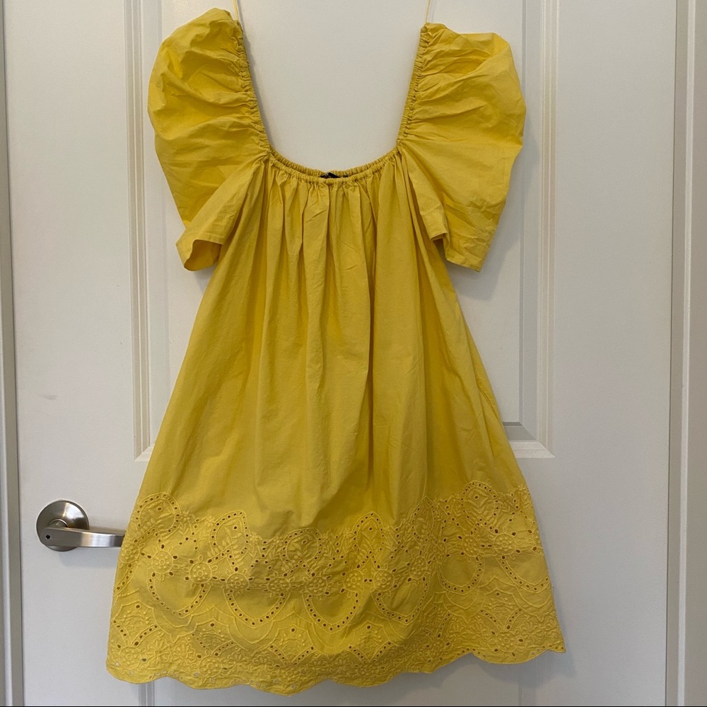 Zara Puff Sleeve Yellow Dress Embroidery XS